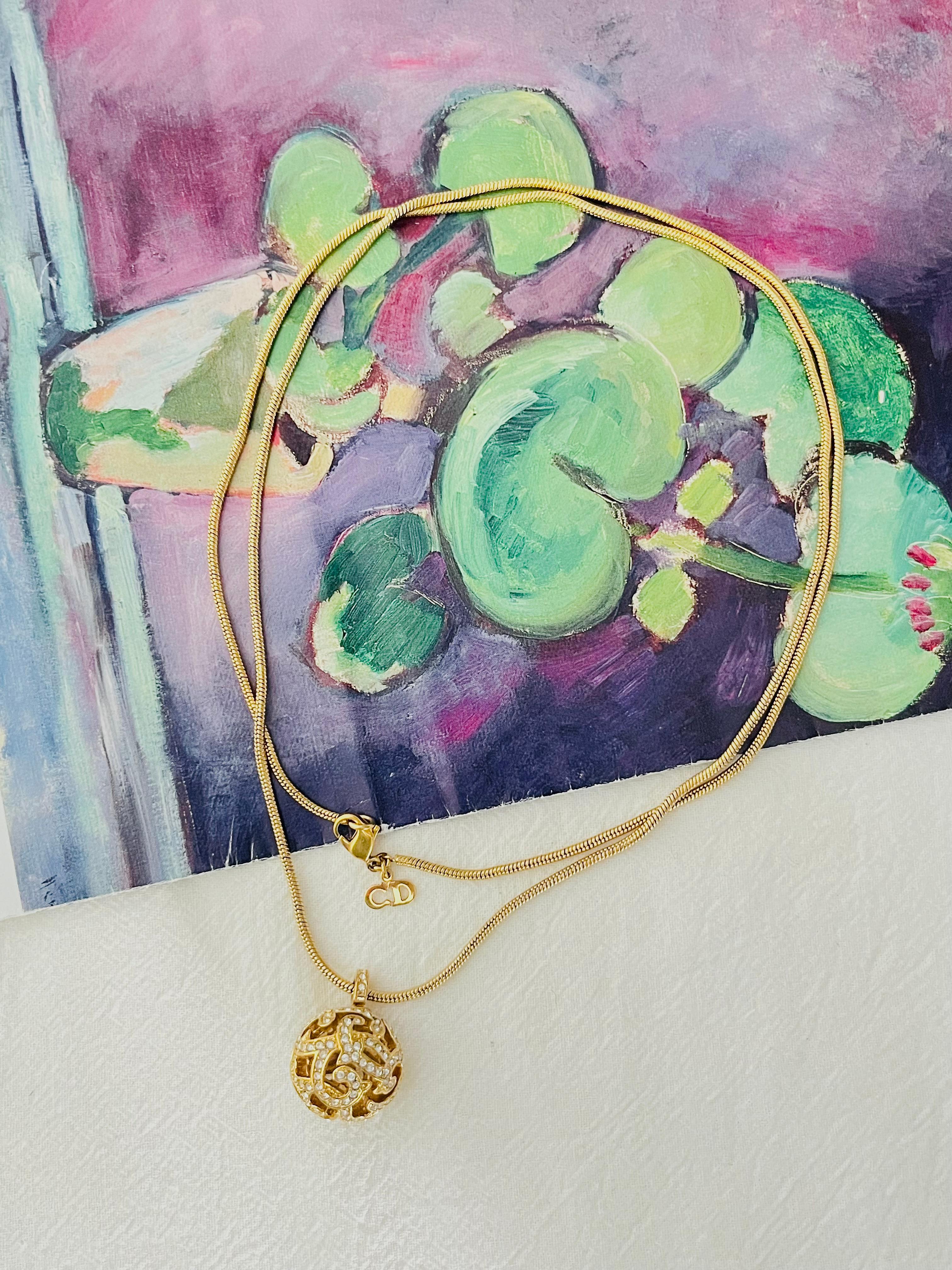Art Deco Christian Dior Vintage 1980s Ball Sphere Openwork Crystals Pendant Long Necklace For Sale