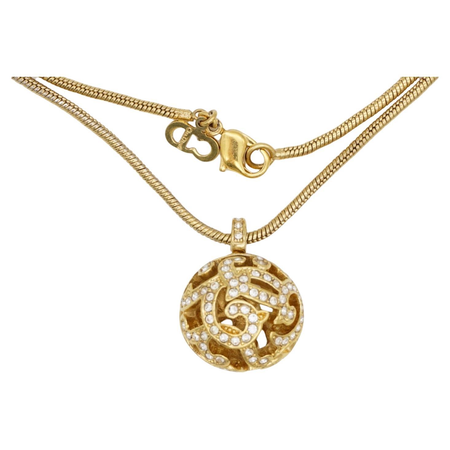 Christian Dior Vintage 1980s Ball Sphere Openwork Crystals Pendant Long Necklace For Sale