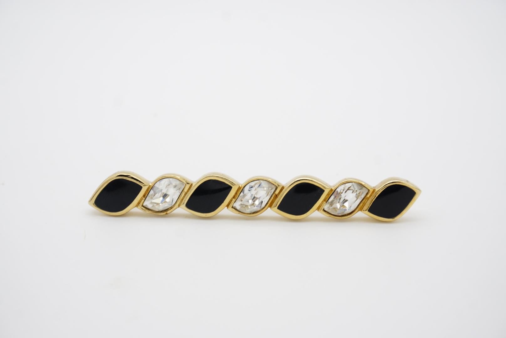 Christian Dior Vintage 1980s Bar Swarovski Crystals Black Enamel Gold Brooch en vente 3