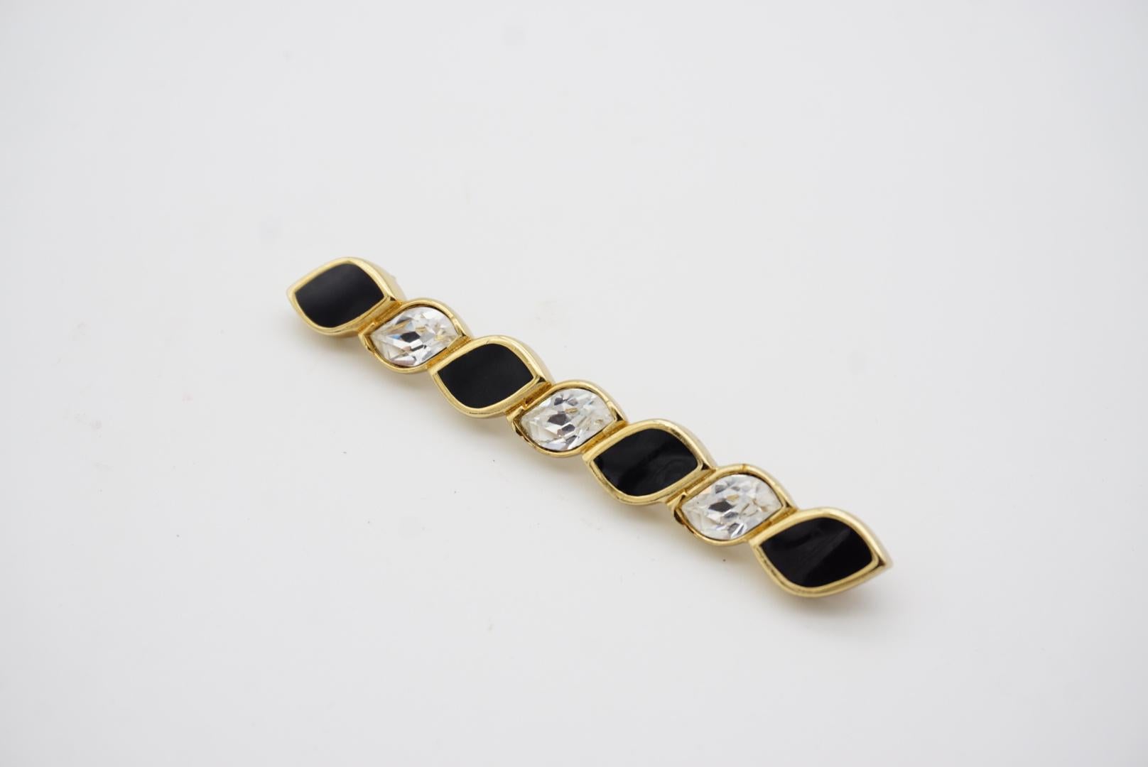 Christian Dior Vintage 1980s Bar Swarovski Crystals Black Enamel Gold Brooch en vente 4