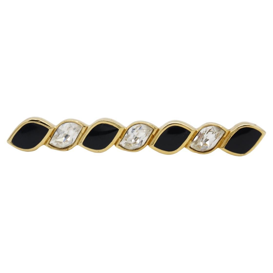 Christian Dior Vintage 1980s Bar Swarovski Crystals Black Enamel Gold Brooch For Sale