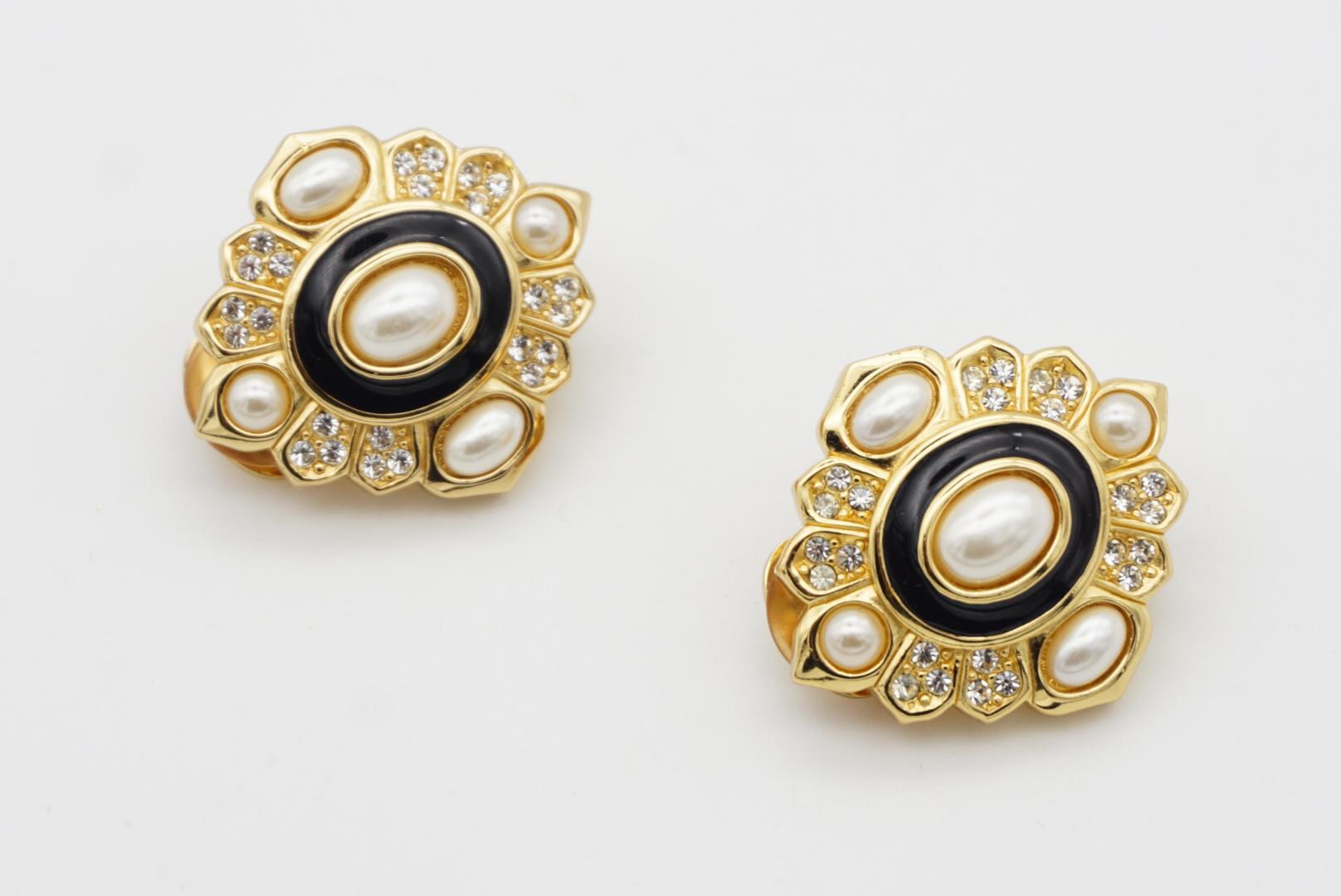 Christian Dior Vintage 1980s Baroque Sunburst Oval Pearl Crystal Black Earrings 3