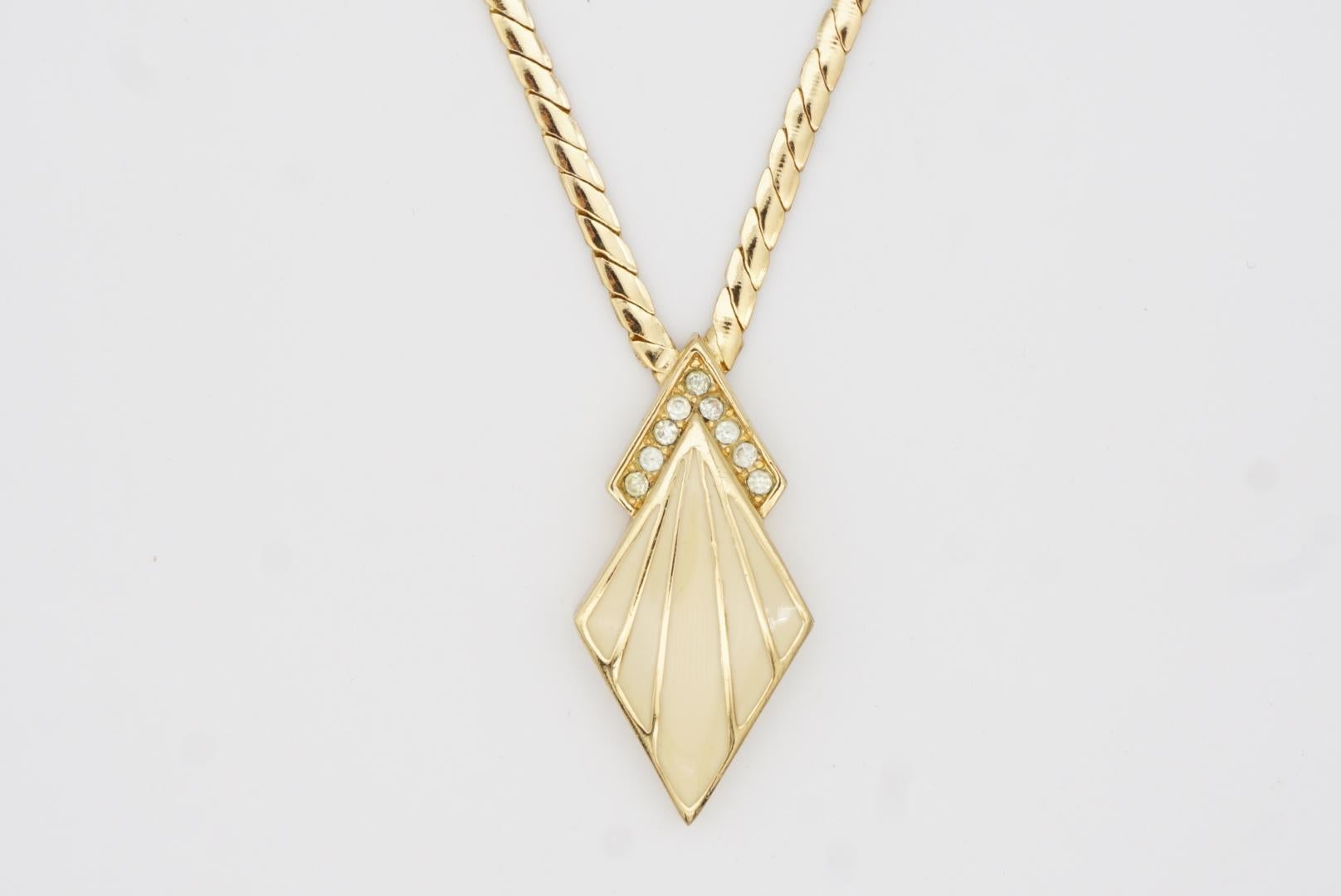 Christian Dior Vintage 1980 Beige Arrow Diamond Crystals Pendant Gold Necklace 4