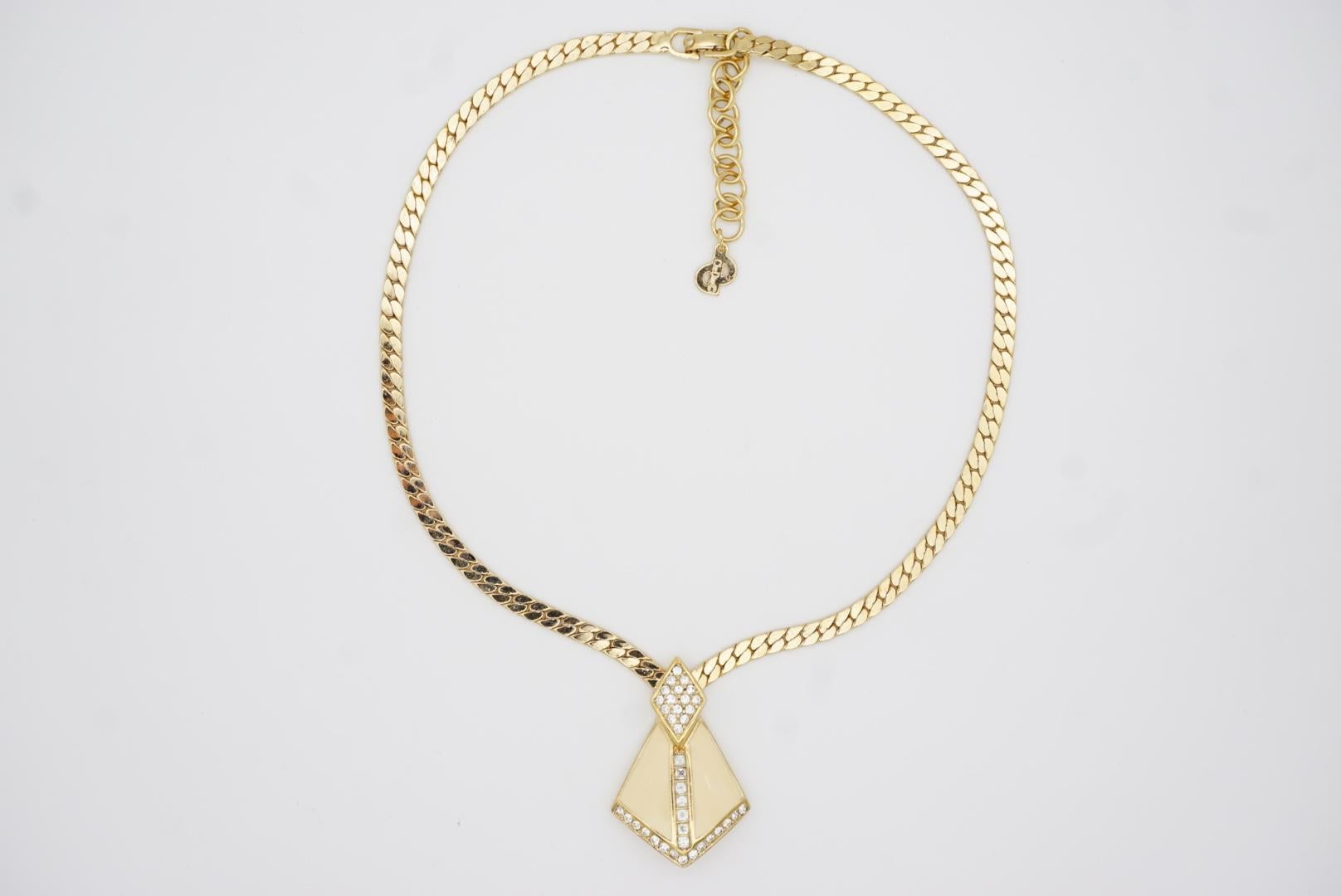 Christian Dior Vintage 1980s Beige Diamond Triangle Crystals Pendant Necklace For Sale 3