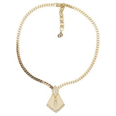 Christian Dior Vintage 1980s Beige Diamond Triangle Crystals Pendant Necklace