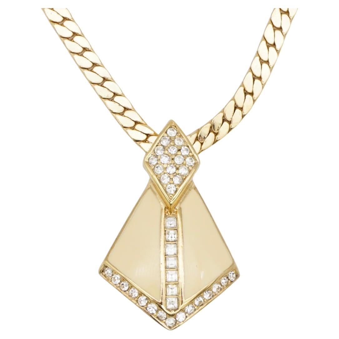 Christian Dior Vintage 1980s Beige Diamond Triangle Crystals Pendant Necklace