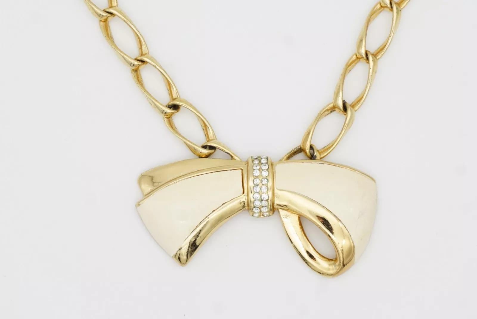 Christian Dior Vintage 1980s Beige Knot Bow Crystals Interlocked Link Necklace in vendita 7
