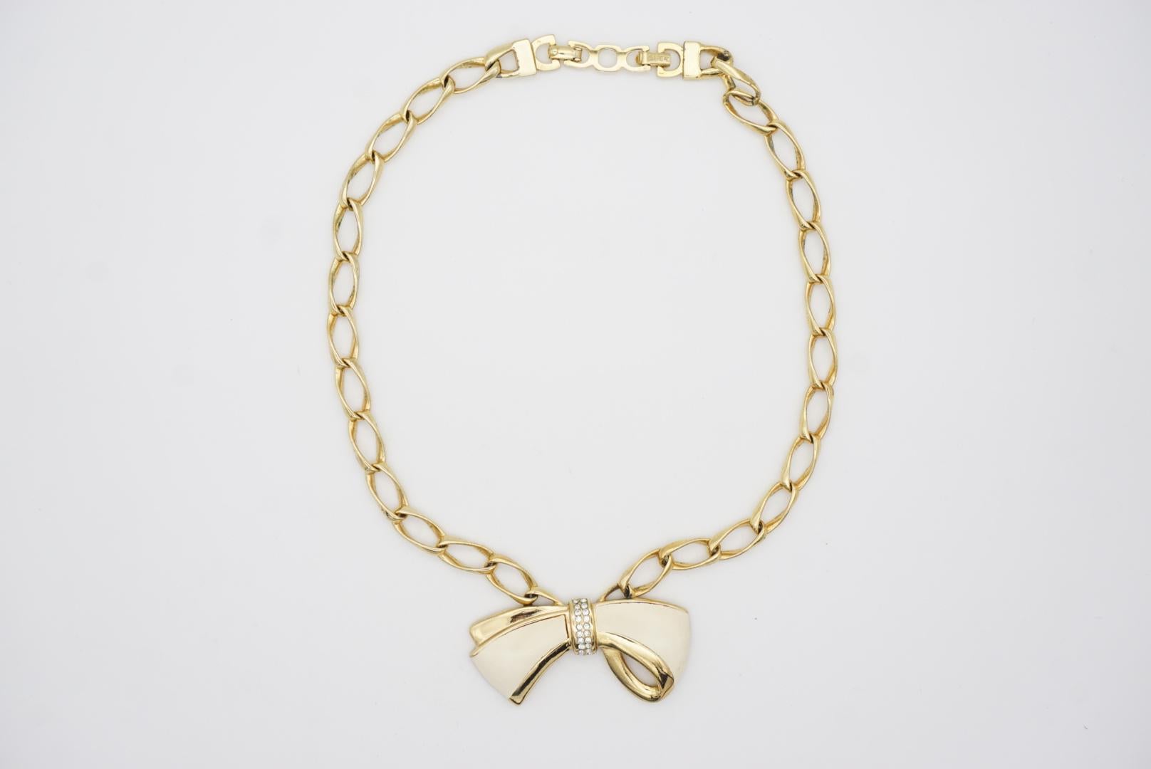 Christian Dior Vintage 1980s Beige Knot Bow Crystals Interlocked Link Necklace in vendita 2