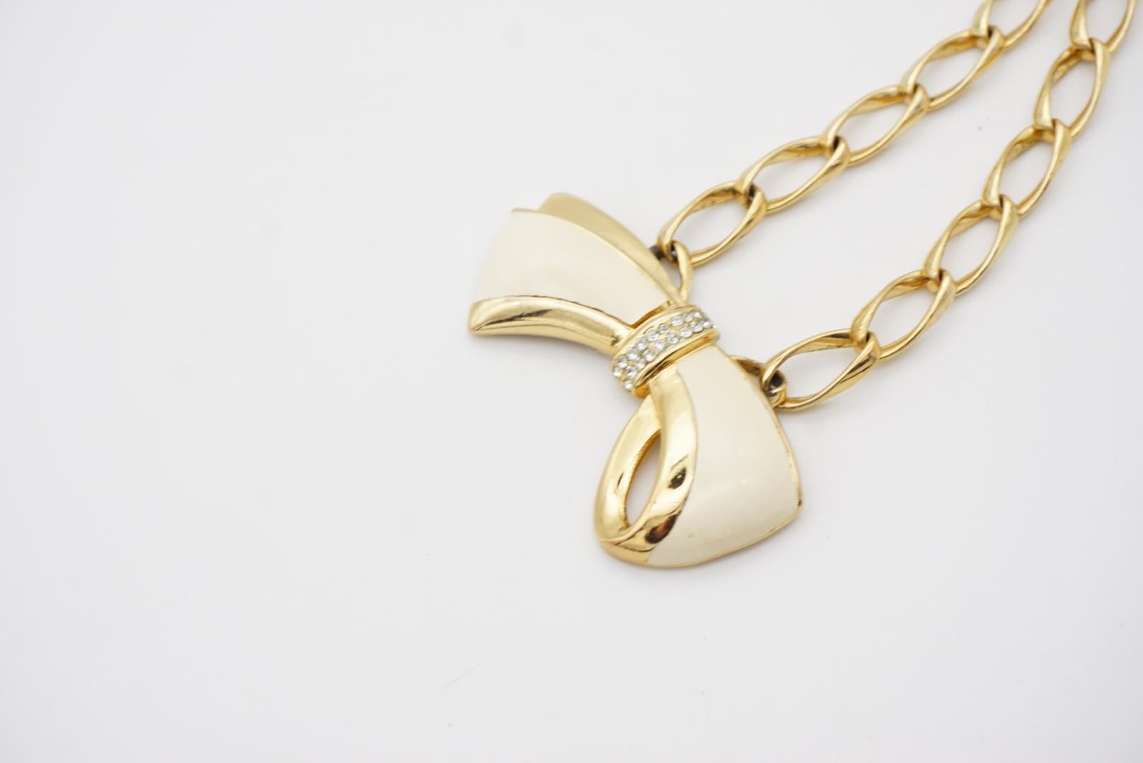 Christian Dior Vintage 1980s Beige Knot Bow Crystals Interlocked Link Necklace in vendita 3