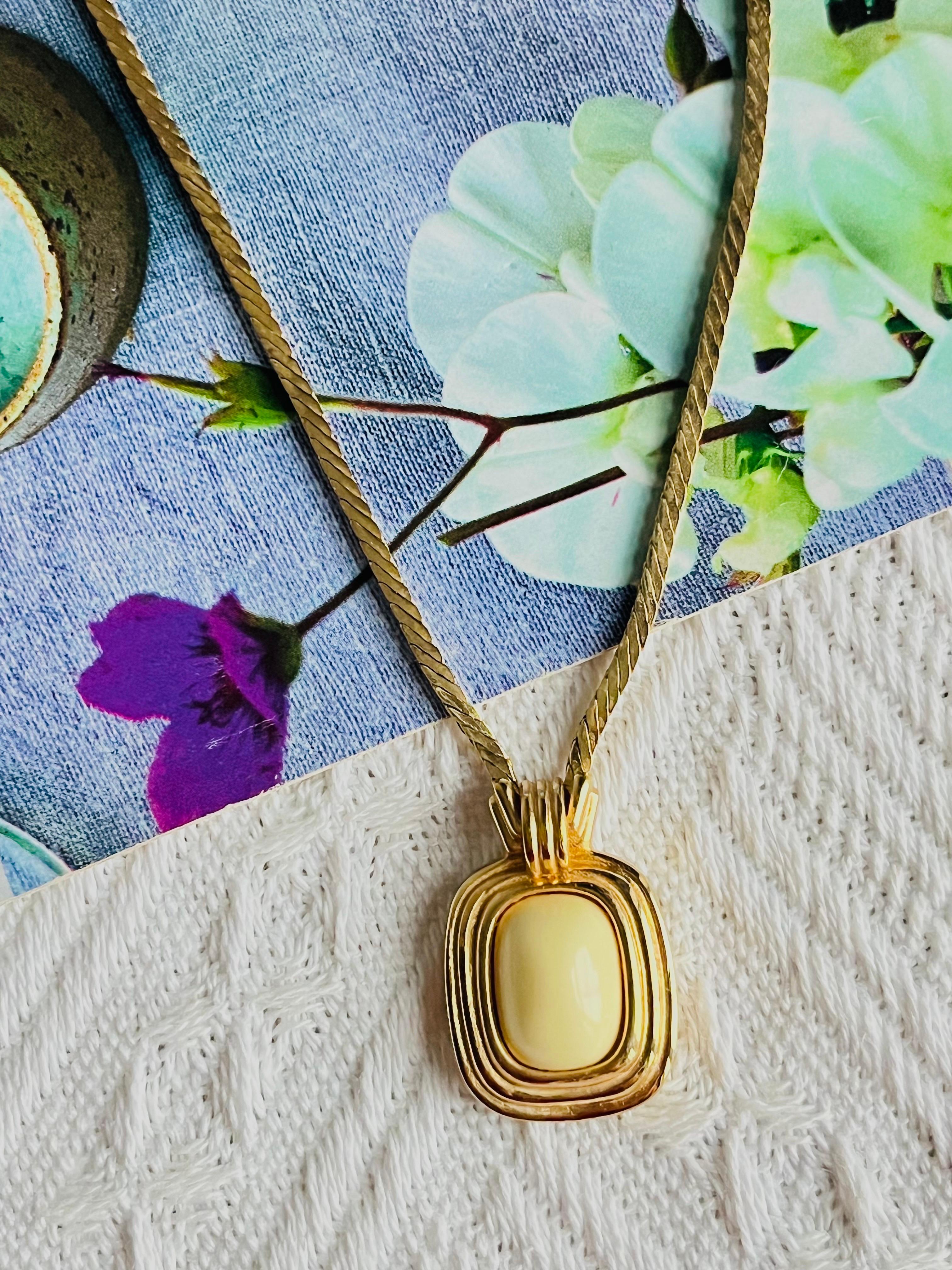 Art Deco Christian Dior Vintage 1980s Beige Light Yellow Oval Rectangle Pendant Necklace