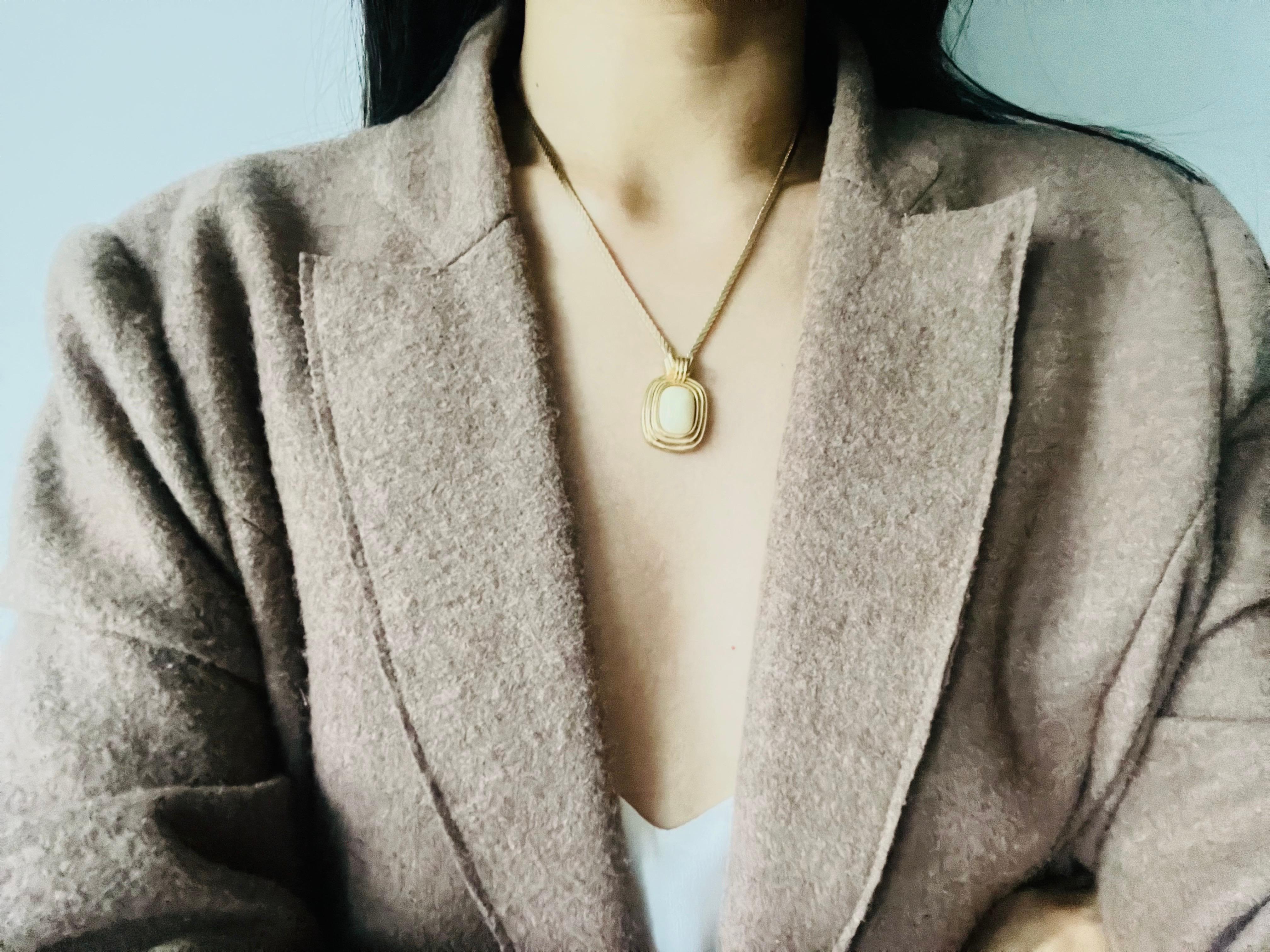 Christian Dior Vintage 1980s Beige Light Yellow Oval Rectangle Pendant Necklace 1