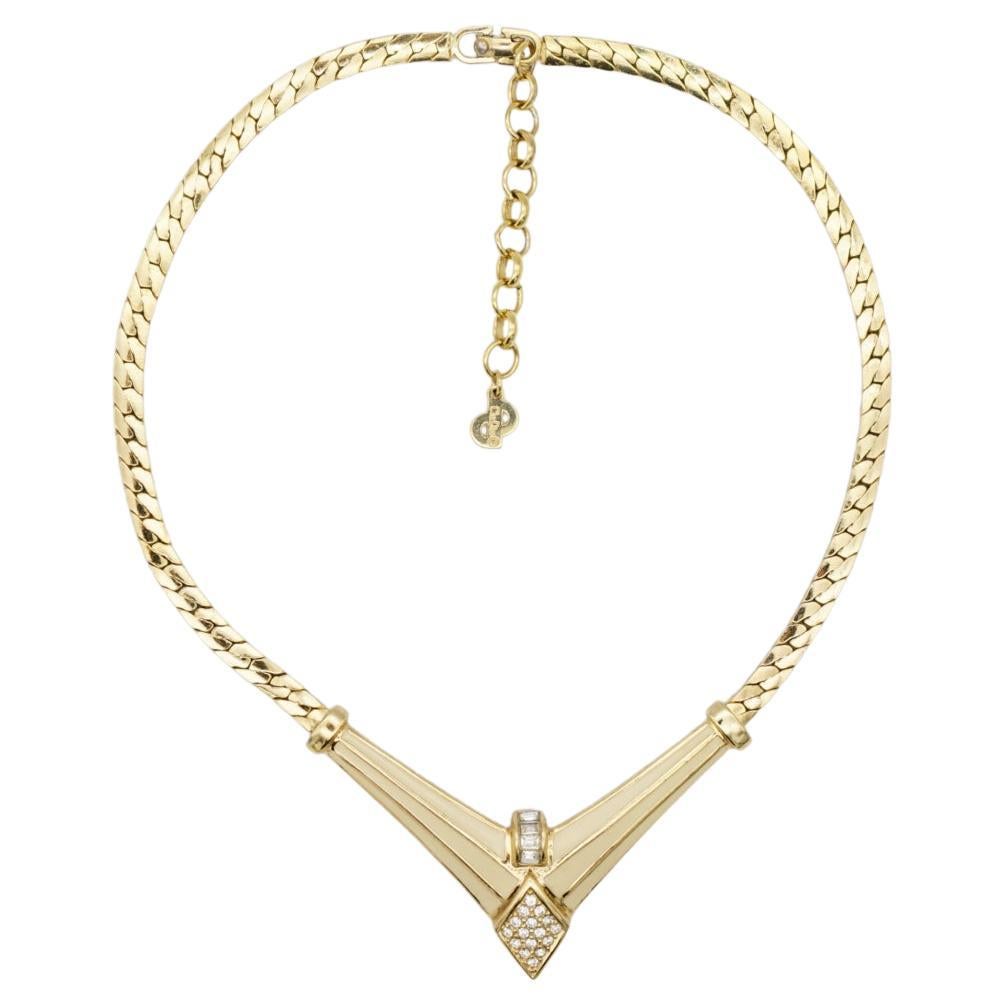 Christian Dior Vintage 1980s Beige Triangle Diamond Crystals Pendant Necklace