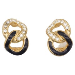 Christian Dior Vintage 1980s Black Crystals Double Rope Interlock Clip Earrings