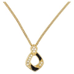 Christian Dior Vintage 1980s Schwarz Kristalle Gold Durchbrochene Diamant Wirbel Halskette