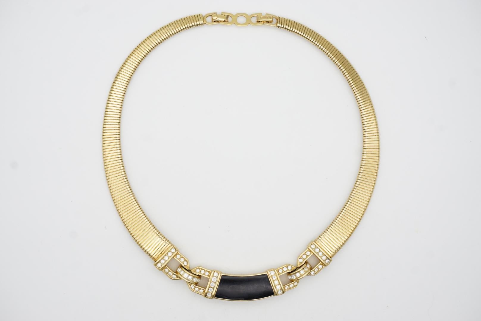 Women's or Men's Christian Dior Vintage 1980s Black Crystals Interlocked Omega Choker Necklace For Sale