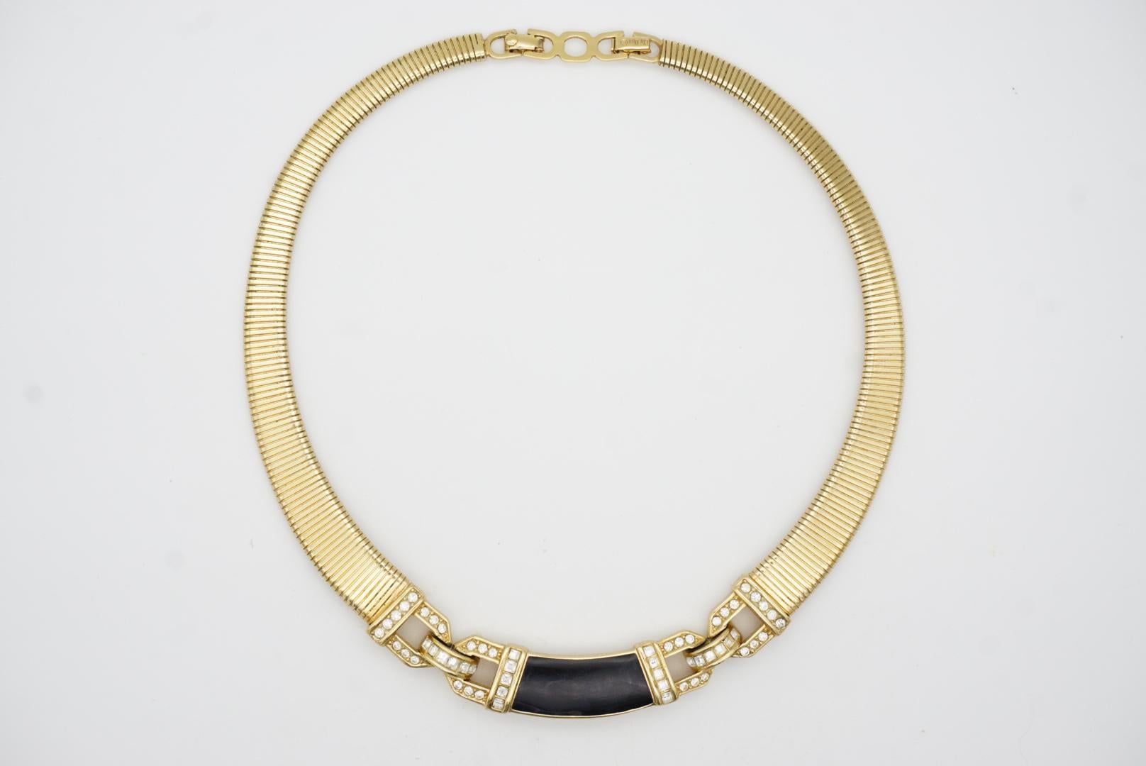 Christian Dior Vintage 1980er Jahre Schwarze ineinandergreifende Omega Choker-Halskette mit Kristallen im Angebot 4