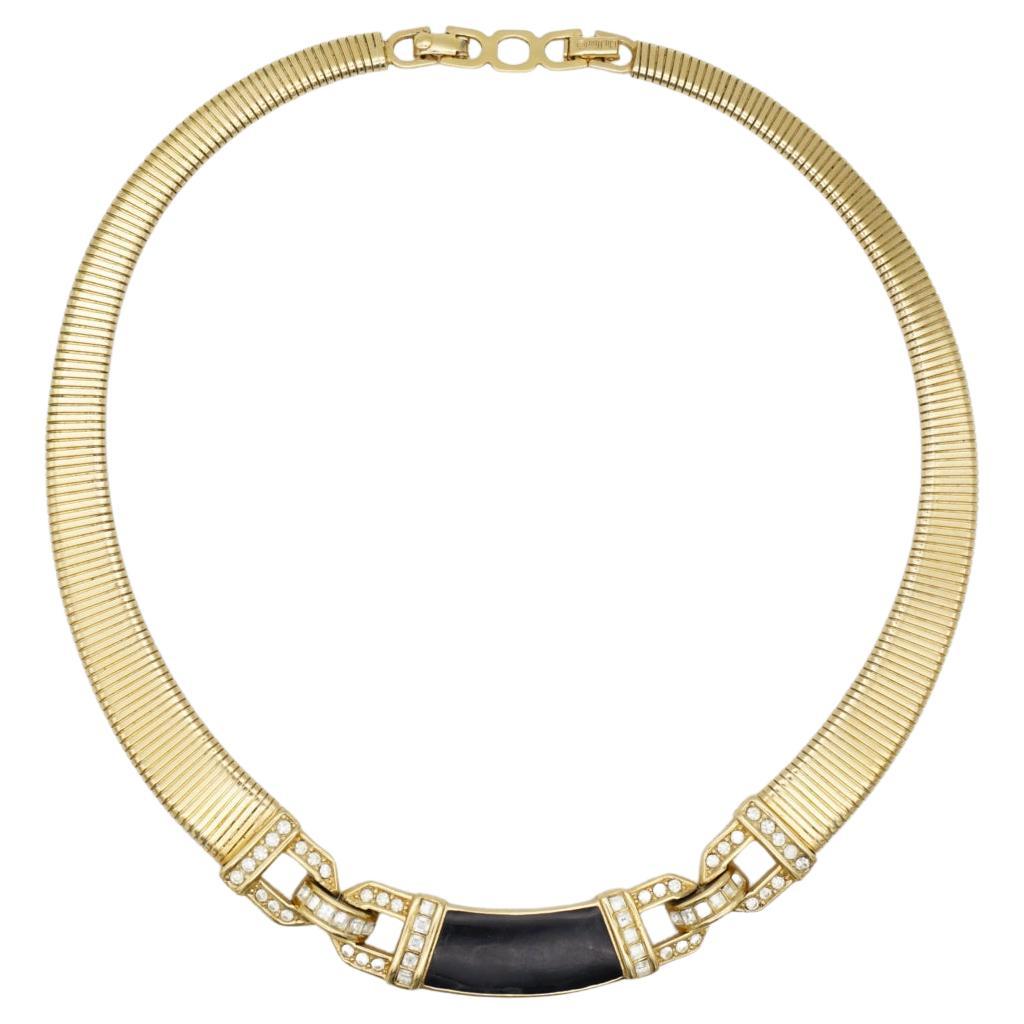 Christian Dior Vintage 1980er Jahre Schwarze ineinandergreifende Omega Choker-Halskette mit Kristallen