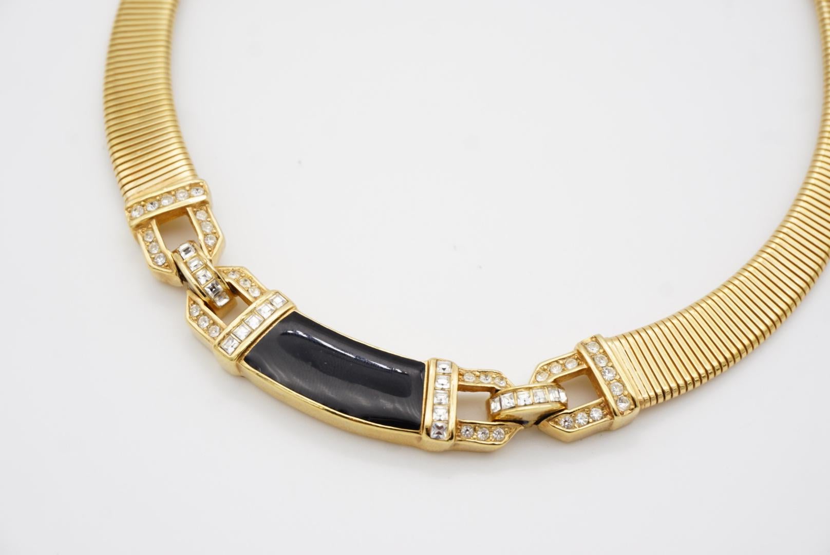 Christian Dior Vintage 1980s Black Crystals Interlocked Ribbed Omega Necklace For Sale 6