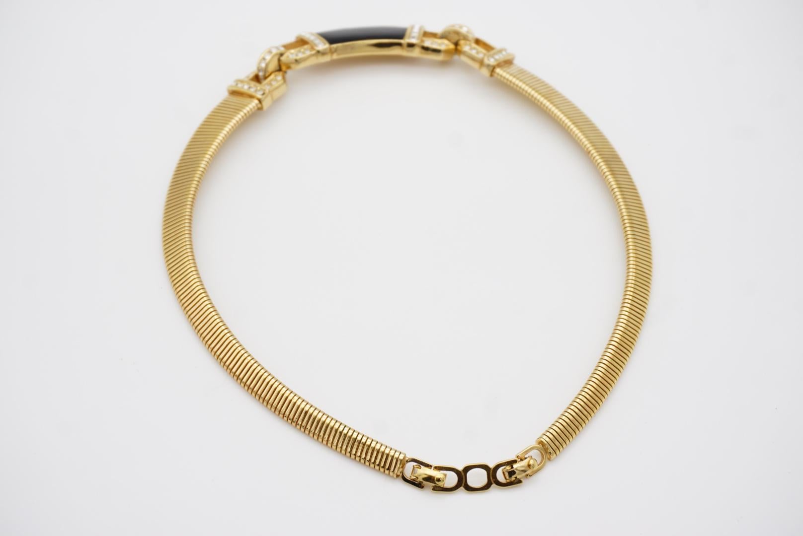 Christian Dior Vintage 1980s Black Crystals Interlocked Ribbed Omega Necklace For Sale 8
