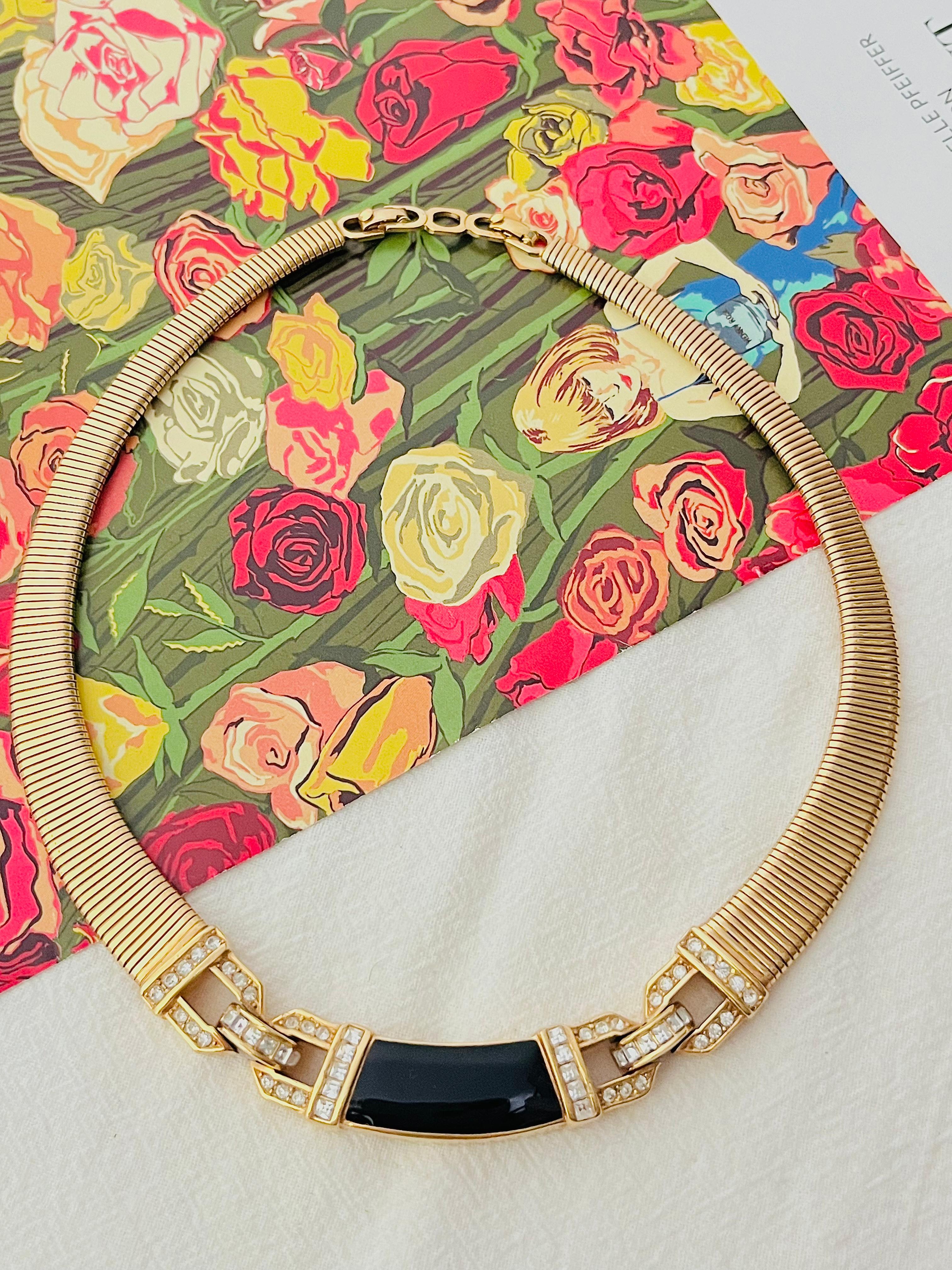 Christian Dior Vintage Años 80 Cristales Negros Entrelazados Collar Omega Acanalado Art Decó en venta