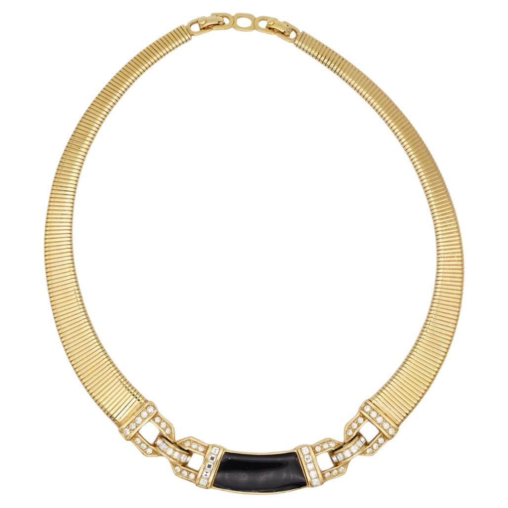 Christian Dior Vintage 1980s Black Crystals Interlocked Ribbed Omega Necklace For Sale