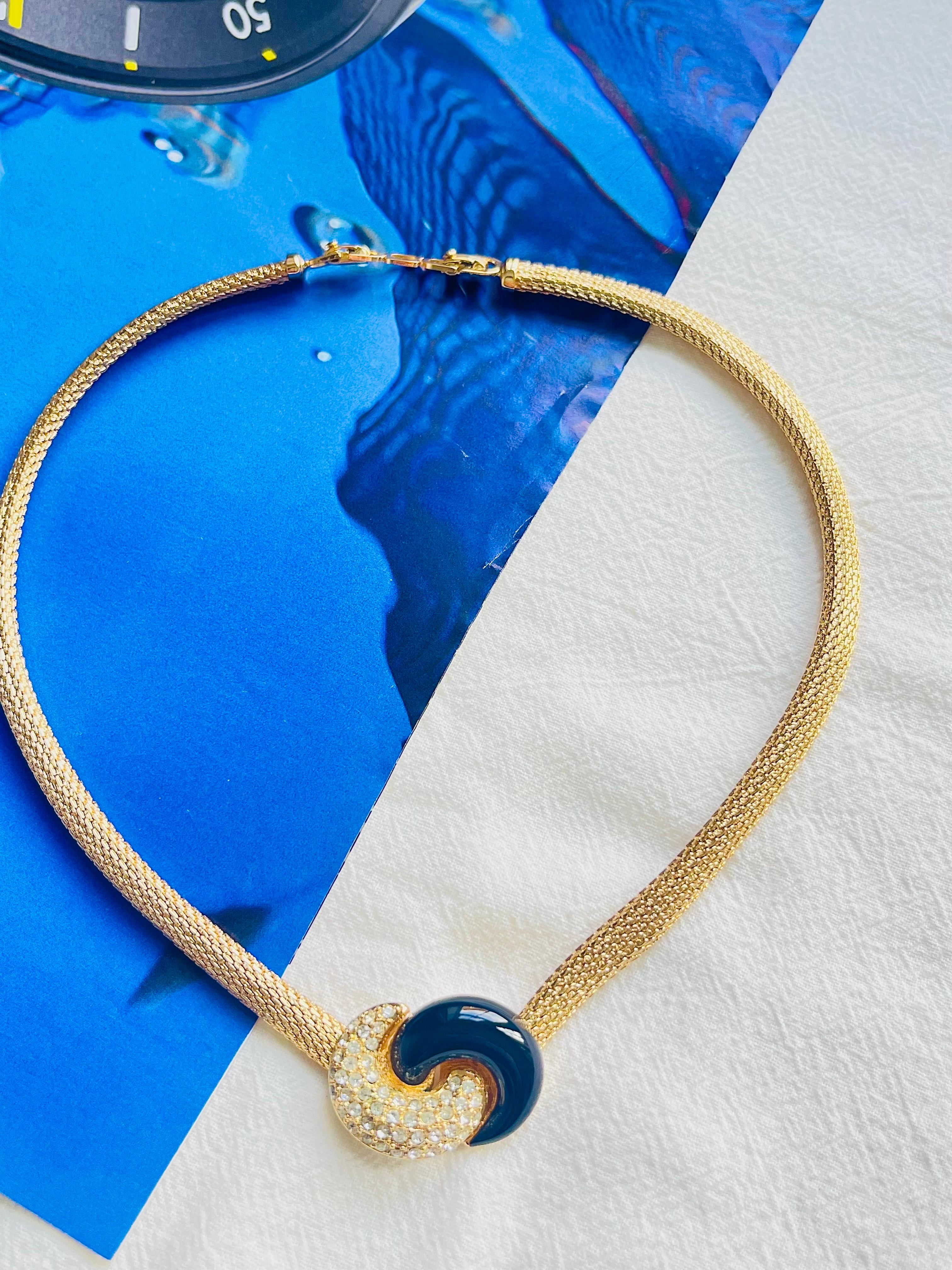 Christian Dior Vintage 1980s Black Crystals Knot Bow Interlocked Mesh Necklace In Good Condition For Sale In Wokingham, England