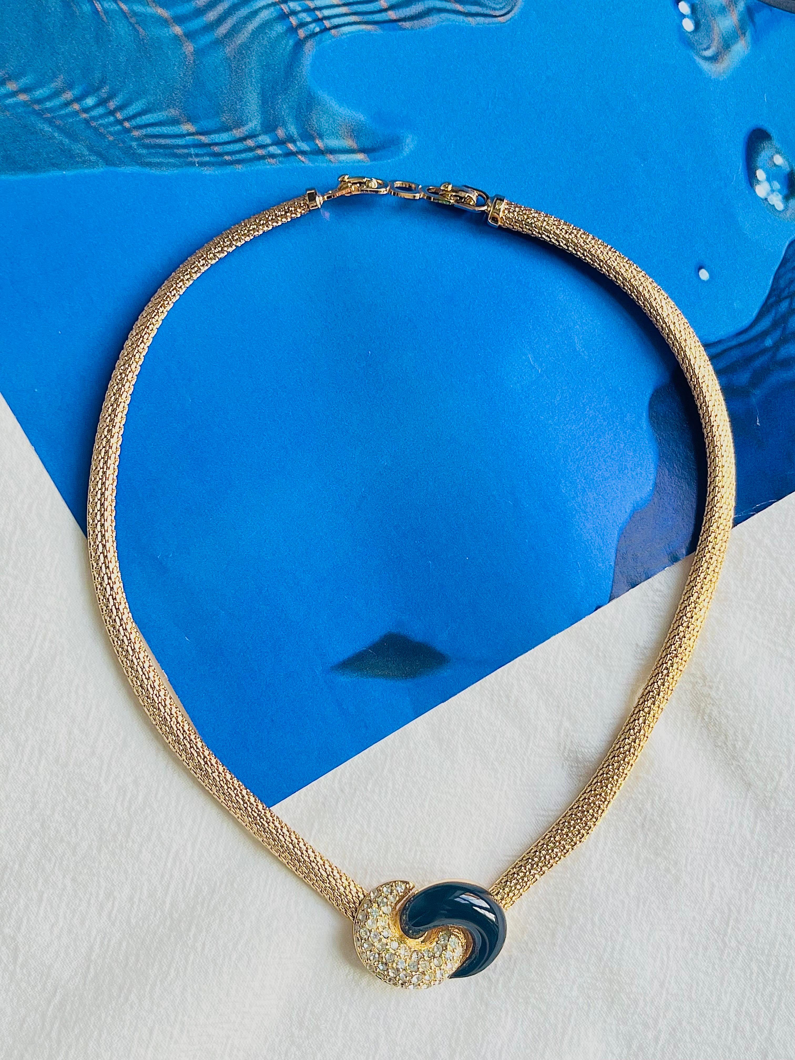 Women's or Men's Christian Dior Vintage 1980s Black Crystals Knot Bow Interlocked Mesh Necklace For Sale