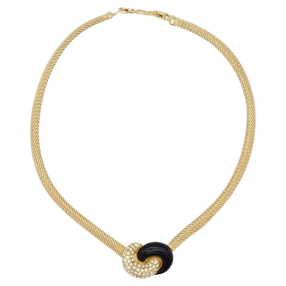 Christian Dior Vintage 1980s Black Crystals Knot Bow Interlocked Mesh Necklace For Sale