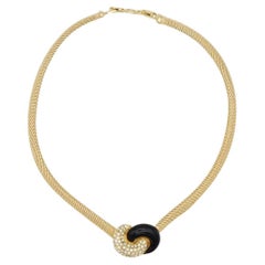 Christian Dior Vintage 1980s Black Crystals Knot Bow Mesh Interlocked Necklace