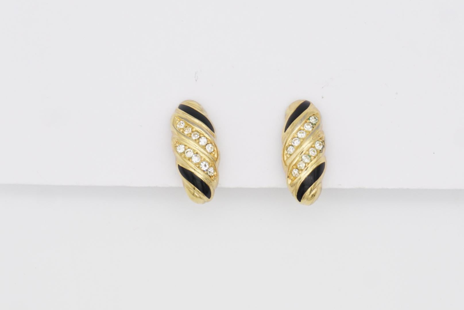 Christian Dior Vintage 1980s Black Enamel Crystals Shell Spiral Clip Earrings For Sale 1