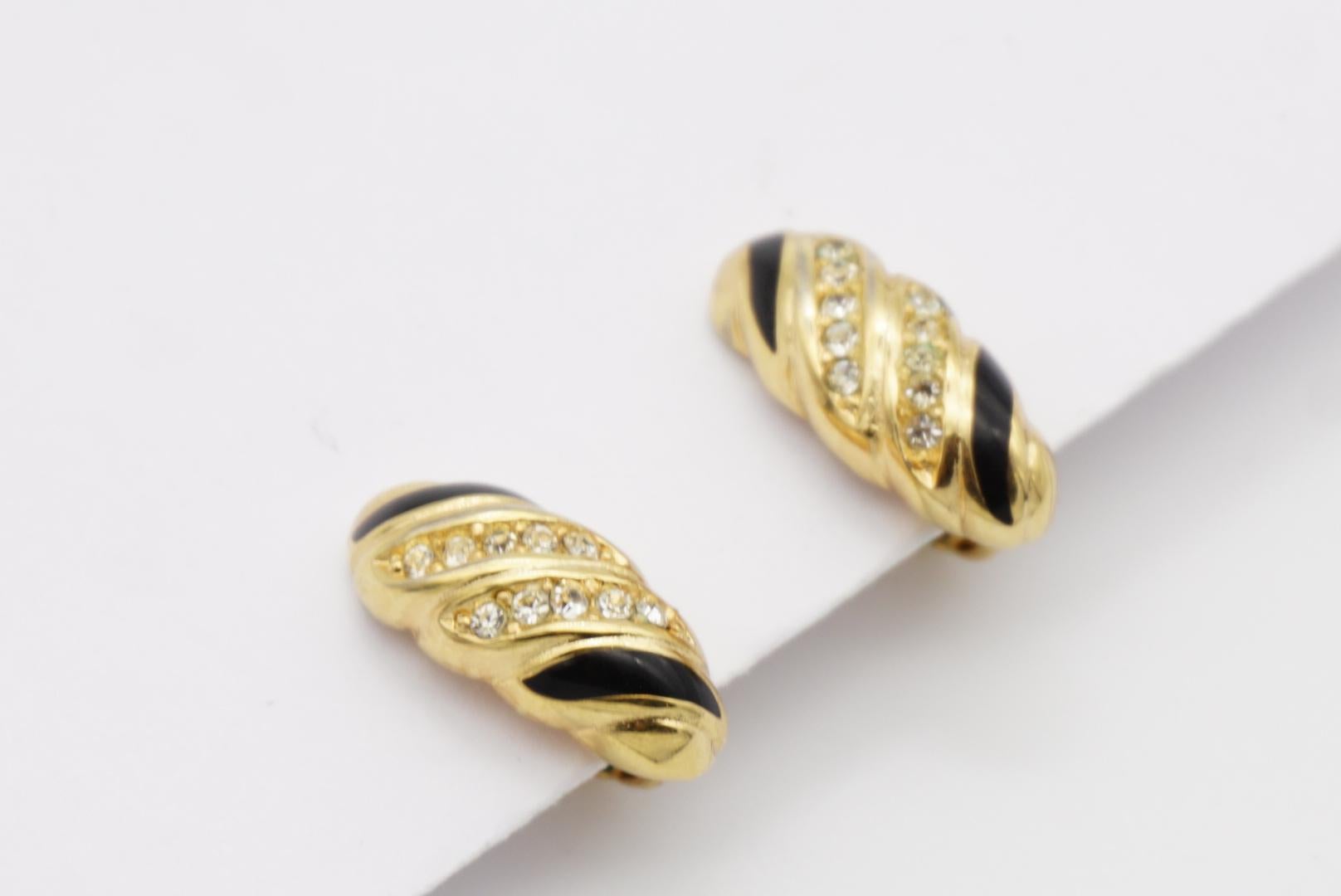 Christian Dior Vintage 1980s Black Enamel Crystals Shell Spiral Clip Earrings For Sale 4