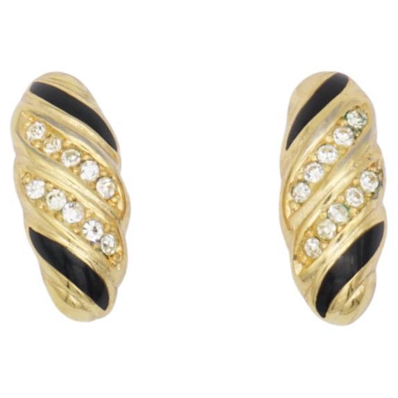 Christian Dior Vintage 1980s Black Enamel Crystals Shell Spiral Clip Earrings For Sale