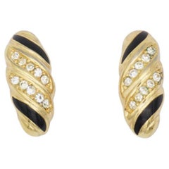 Christian Dior Vintage 1980s Black Enamel Crystals Shell Spiral Clip Earrings