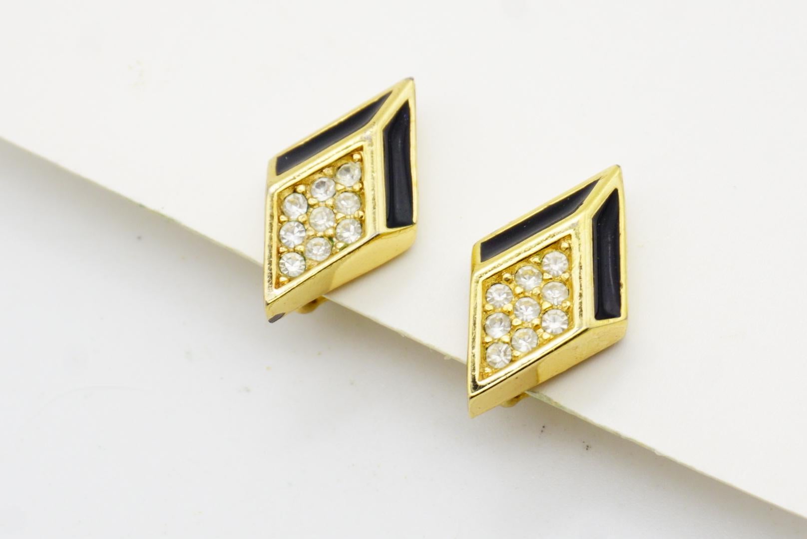 Christian Dior Vintage 1980s Black Enamel Crystal Diamond Rhombus Clip Earrings For Sale 5