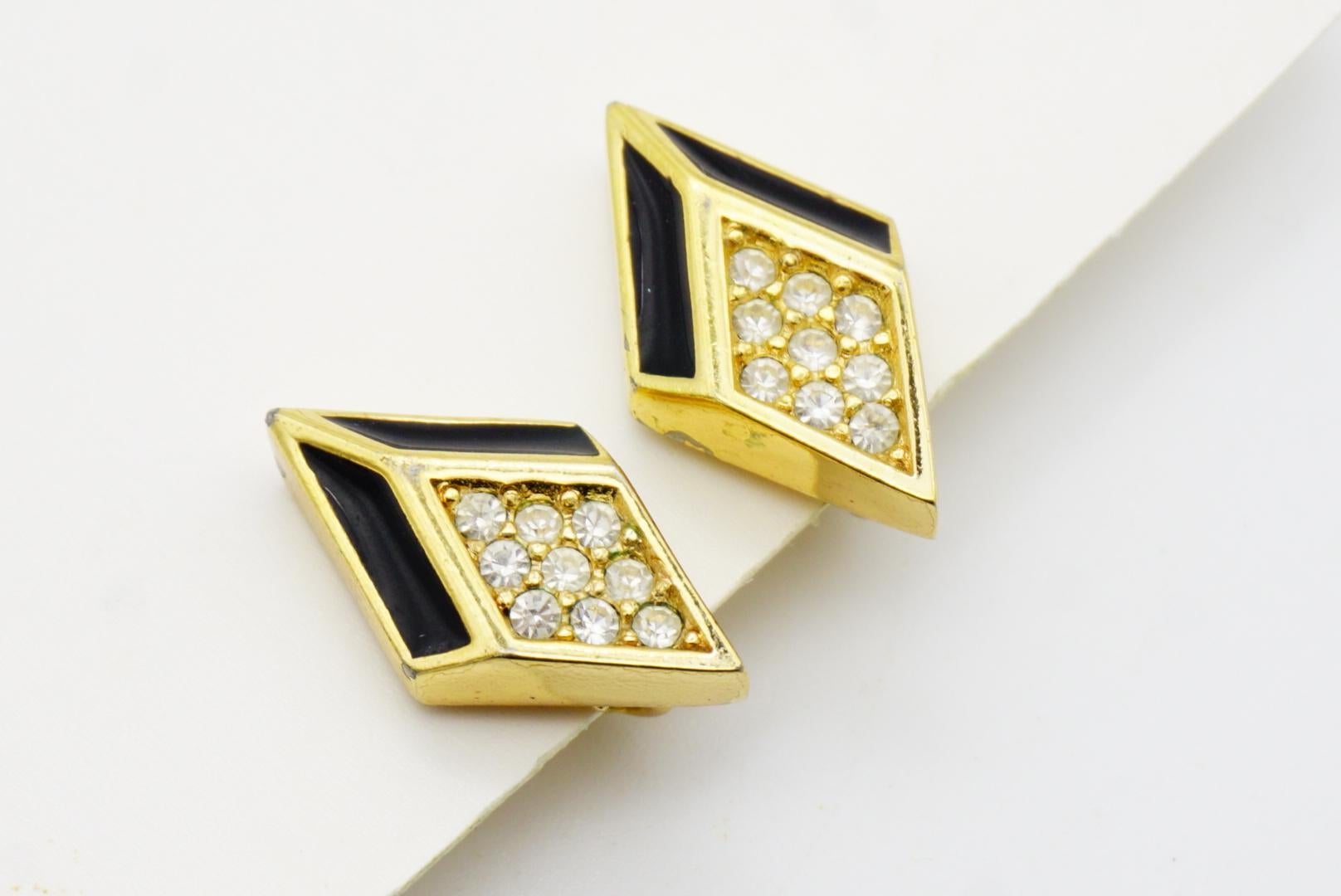 Christian Dior Vintage 1980s Black Enamel Crystal Diamond Rhombus Clip Earrings For Sale 6