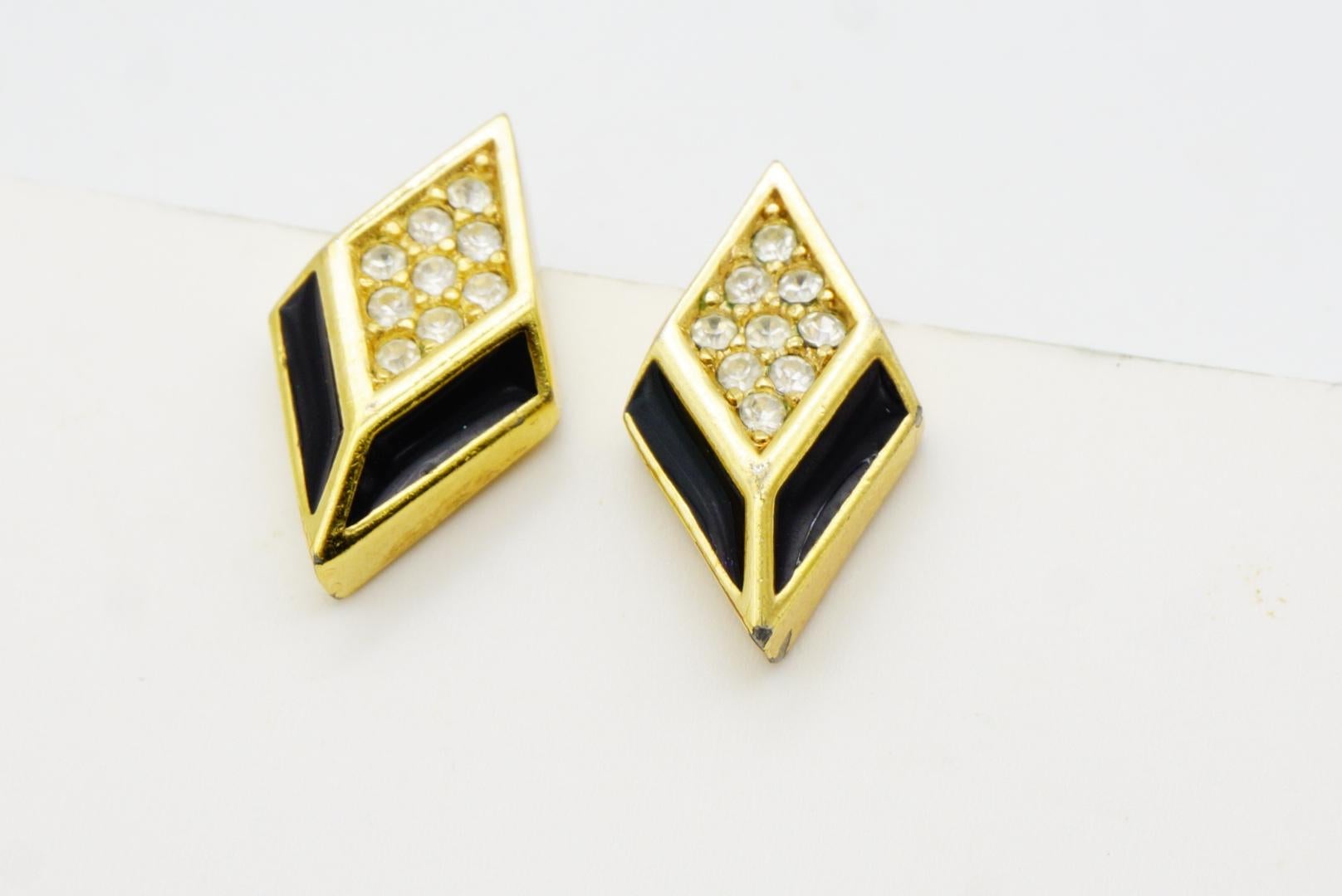 Christian Dior Vintage 1980s Black Enamel Crystal Diamond Rhombus Clip Earrings For Sale 7