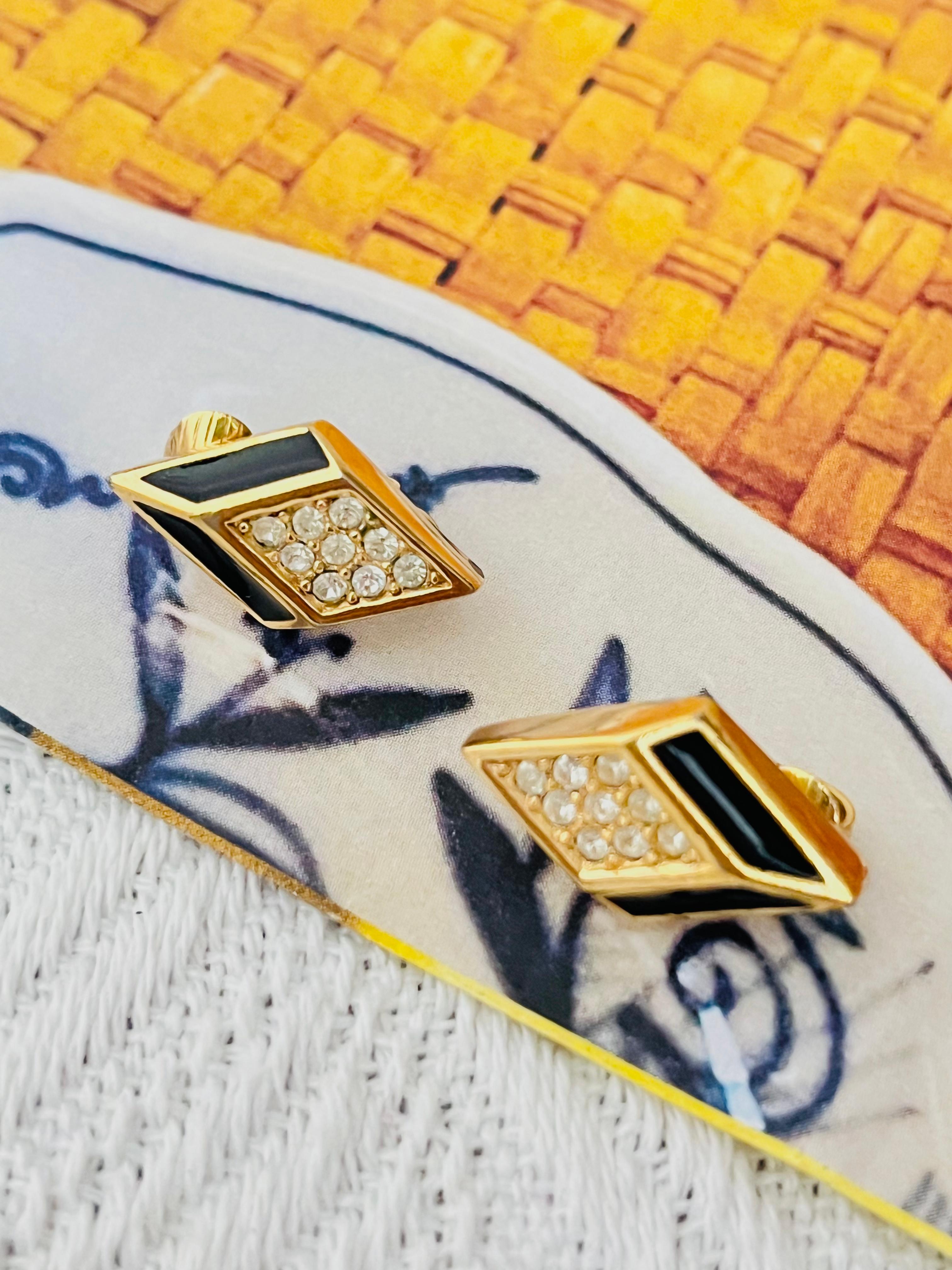 Christian Dior Vintage 1980s Black Enamel Crystal Diamond Rhombus Clip Earrings In Good Condition For Sale In Wokingham, England