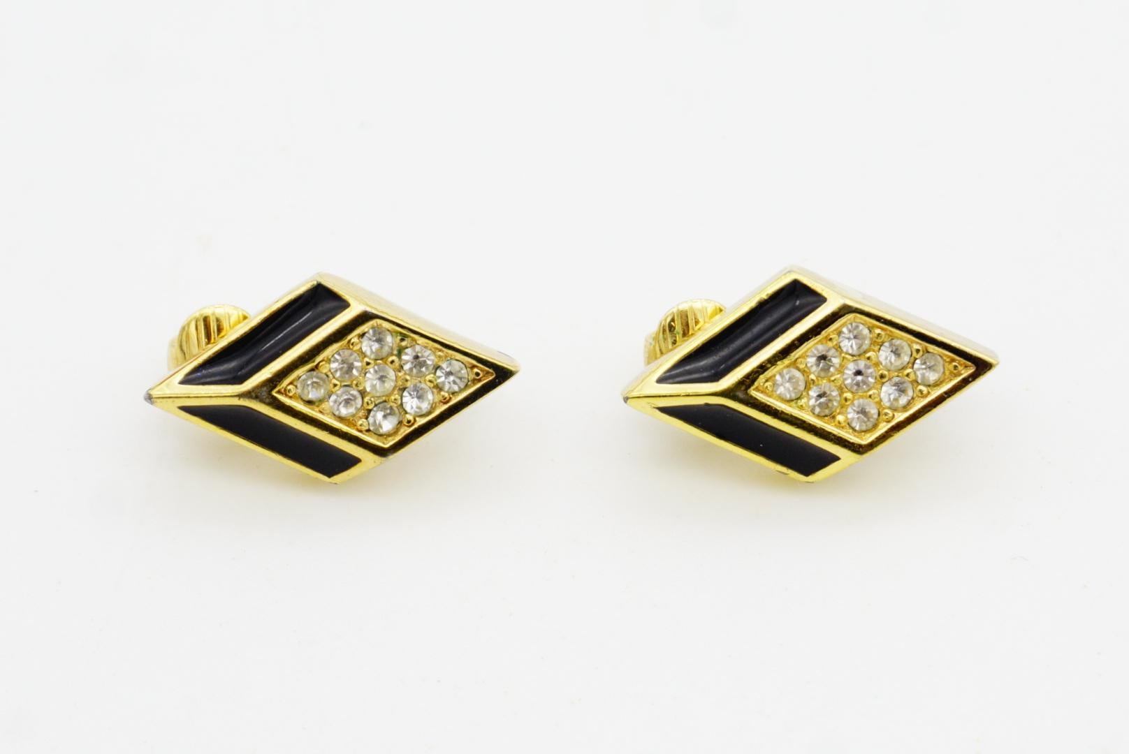 Christian Dior Vintage 1980s Black Enamel Crystal Diamond Rhombus Clip Earrings For Sale 3