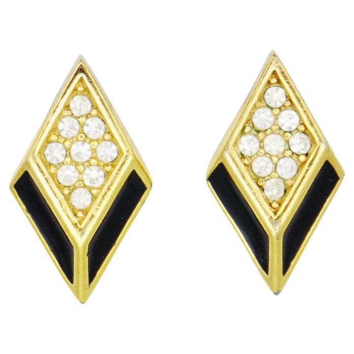 Christian Dior Vintage 1980s Black Enamel Crystal Diamond Rhombus Clip Earrings For Sale