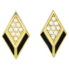 Christian Dior Vintage 1980s Black Enamel Crystal Diamond Rhombus Clip Earrings