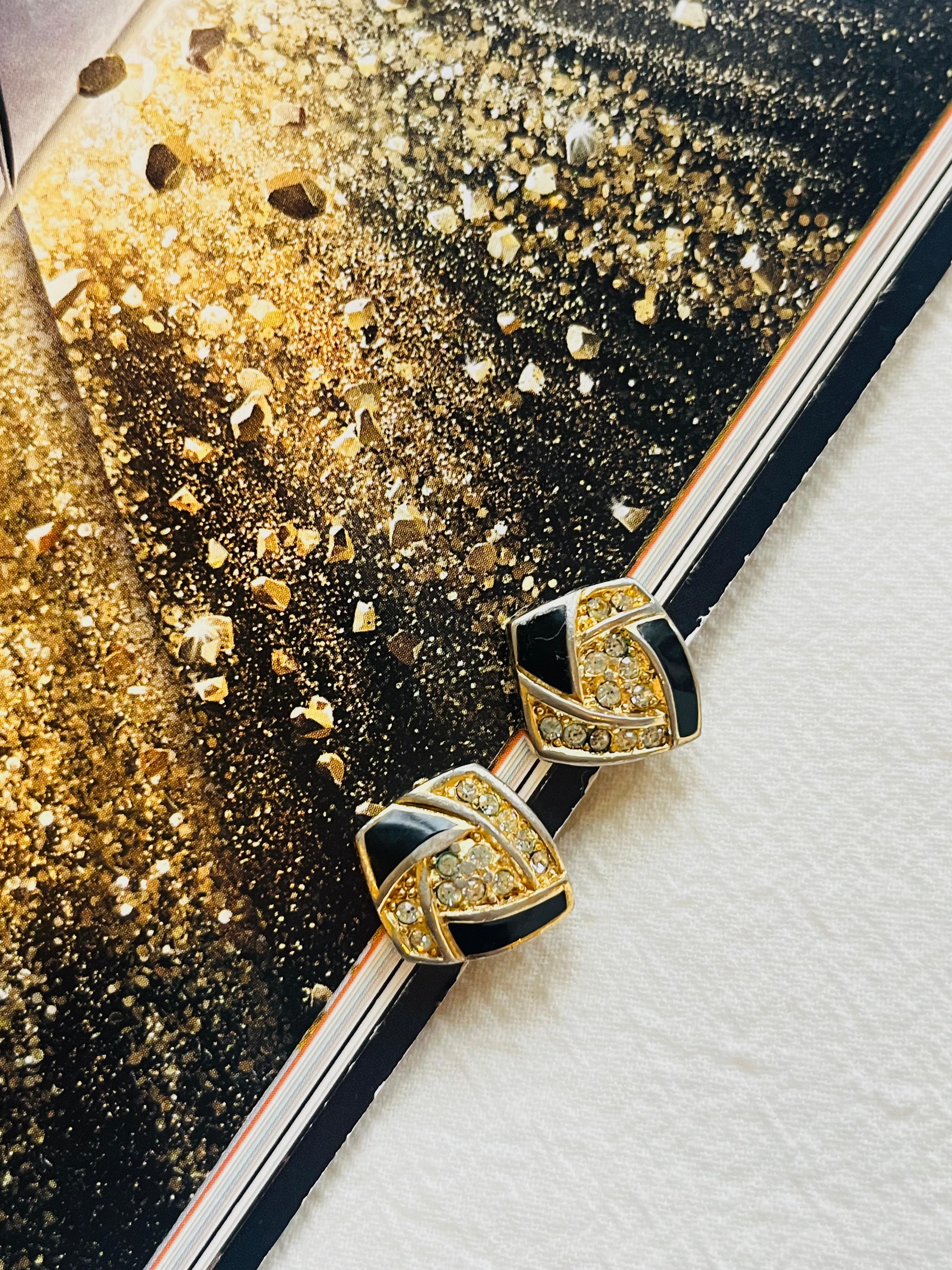 Classical Roman Christian Dior Vintage 1980s Black Enamel Crystals Diamond Clip Gold Earrings