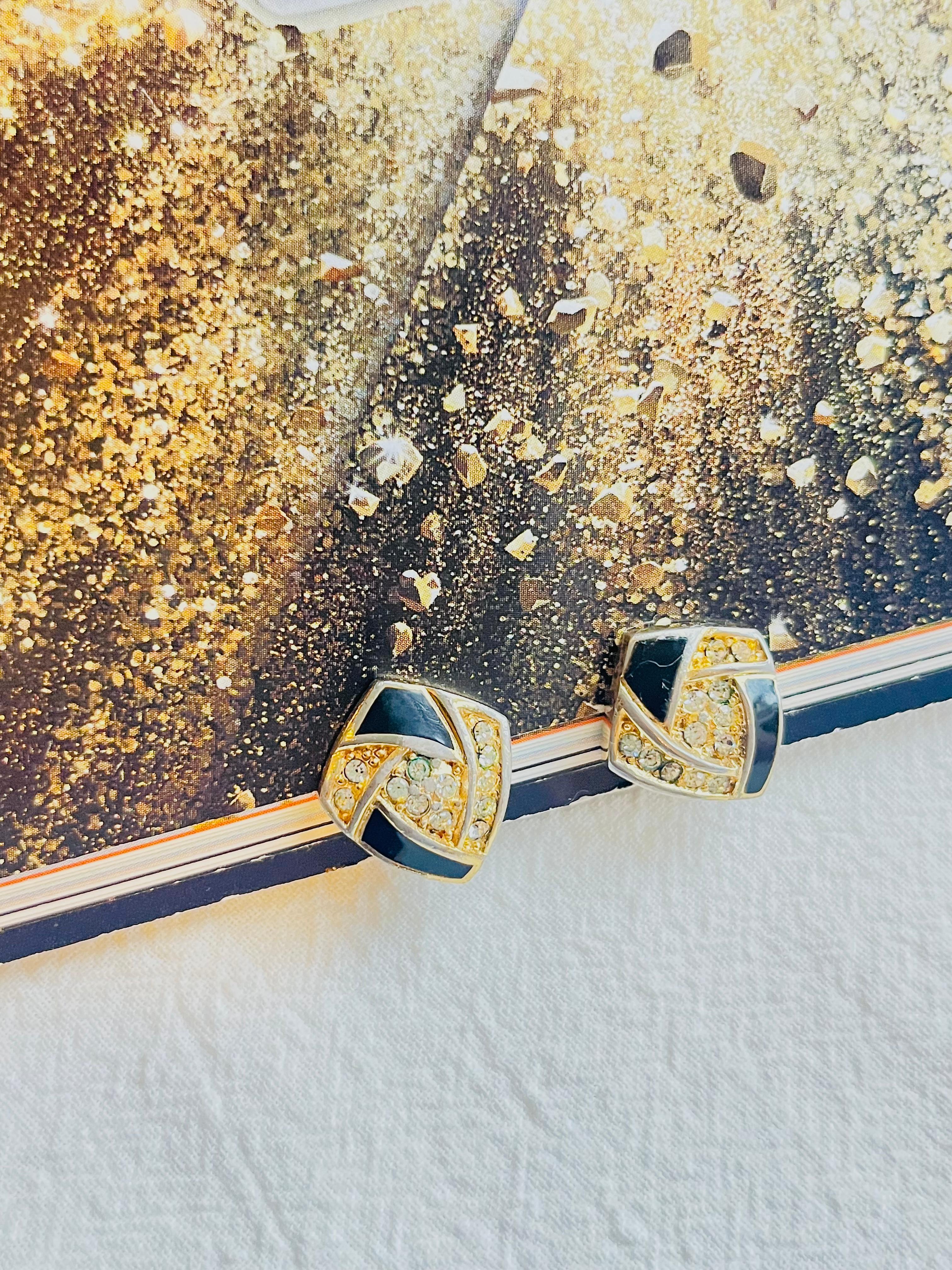 Christian Dior Vintage 1980s Black Enamel Crystals Diamond Clip Gold Earrings In Good Condition In Wokingham, England