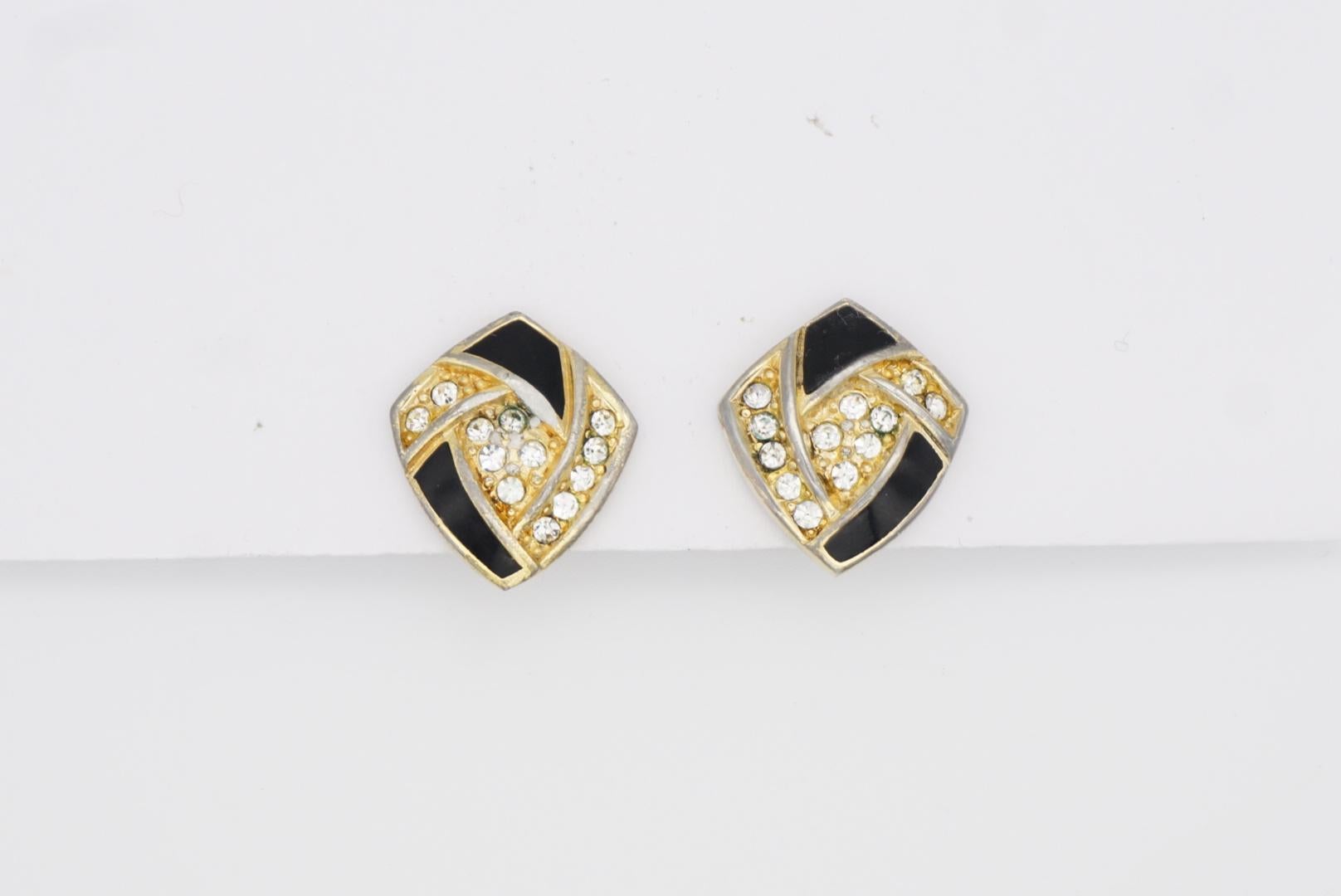 Christian Dior Vintage 1980s Black Enamel Crystals Diamond Clip Gold Earrings 2