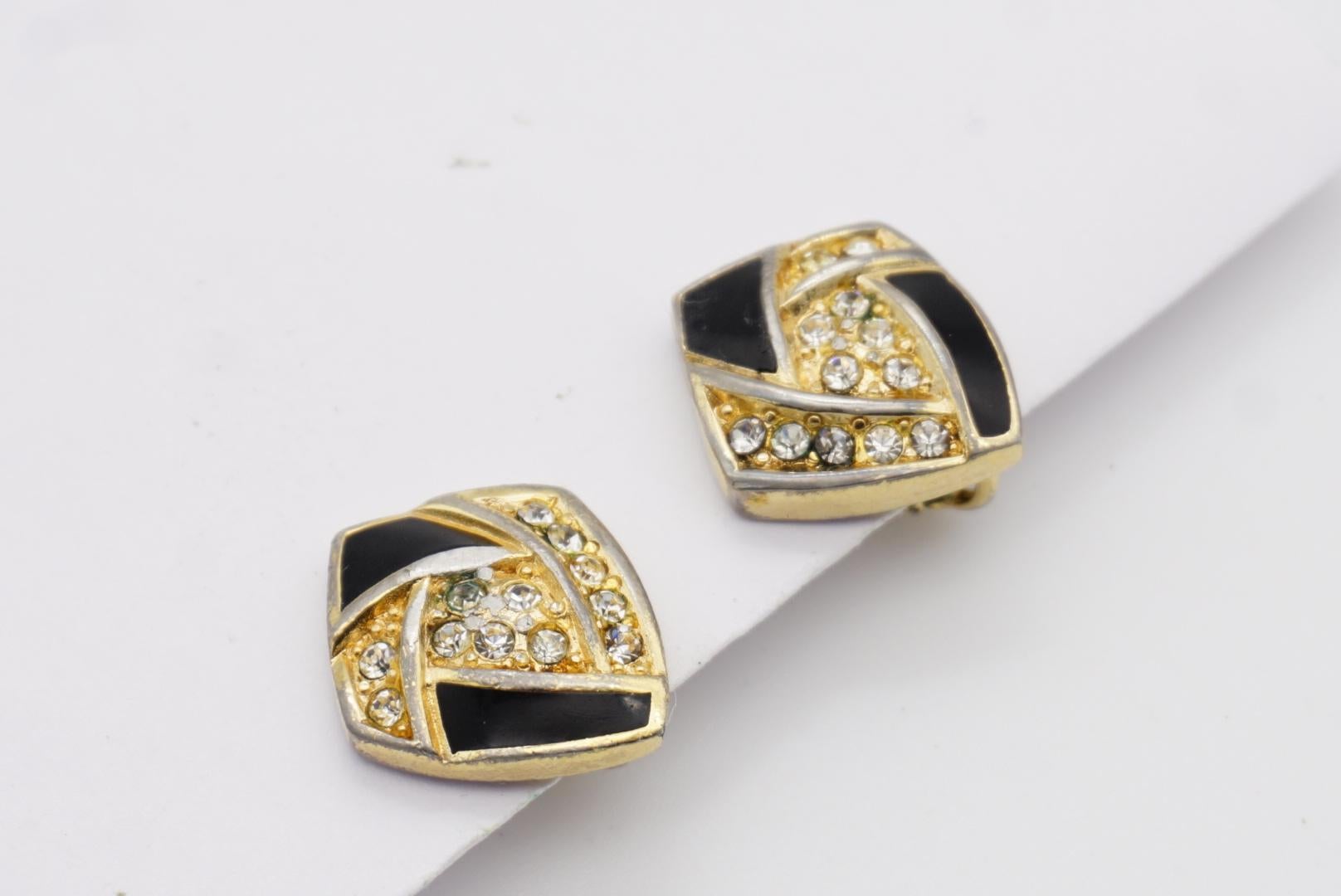 Christian Dior Vintage 1980s Black Enamel Crystals Diamond Clip Gold Earrings 3