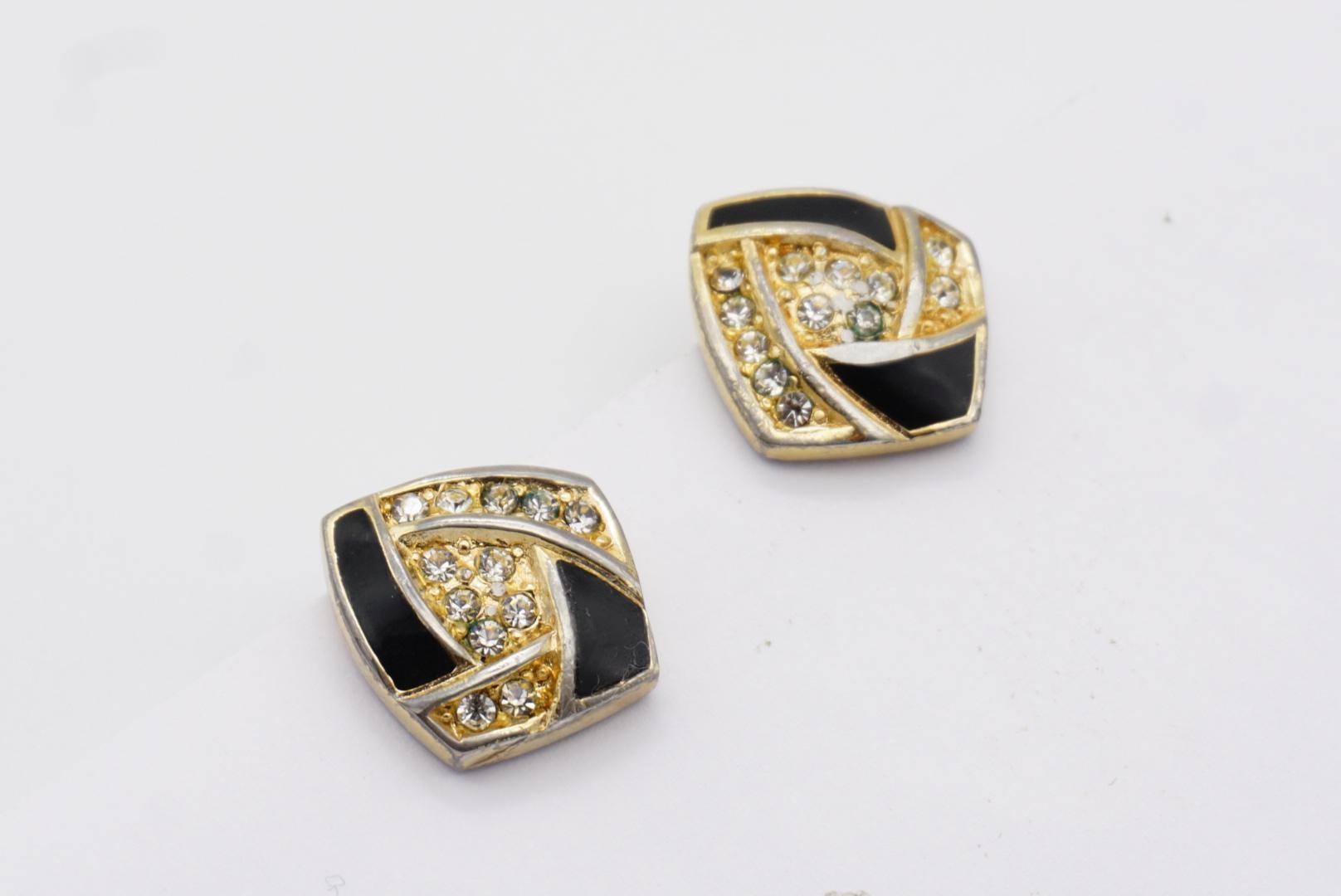 Christian Dior Vintage 1980s Black Enamel Crystals Diamond Clip Gold Earrings 4