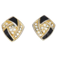 Christian Dior Vintage 1980s Black Enamel Crystals Diamond Clip Gold Earrings