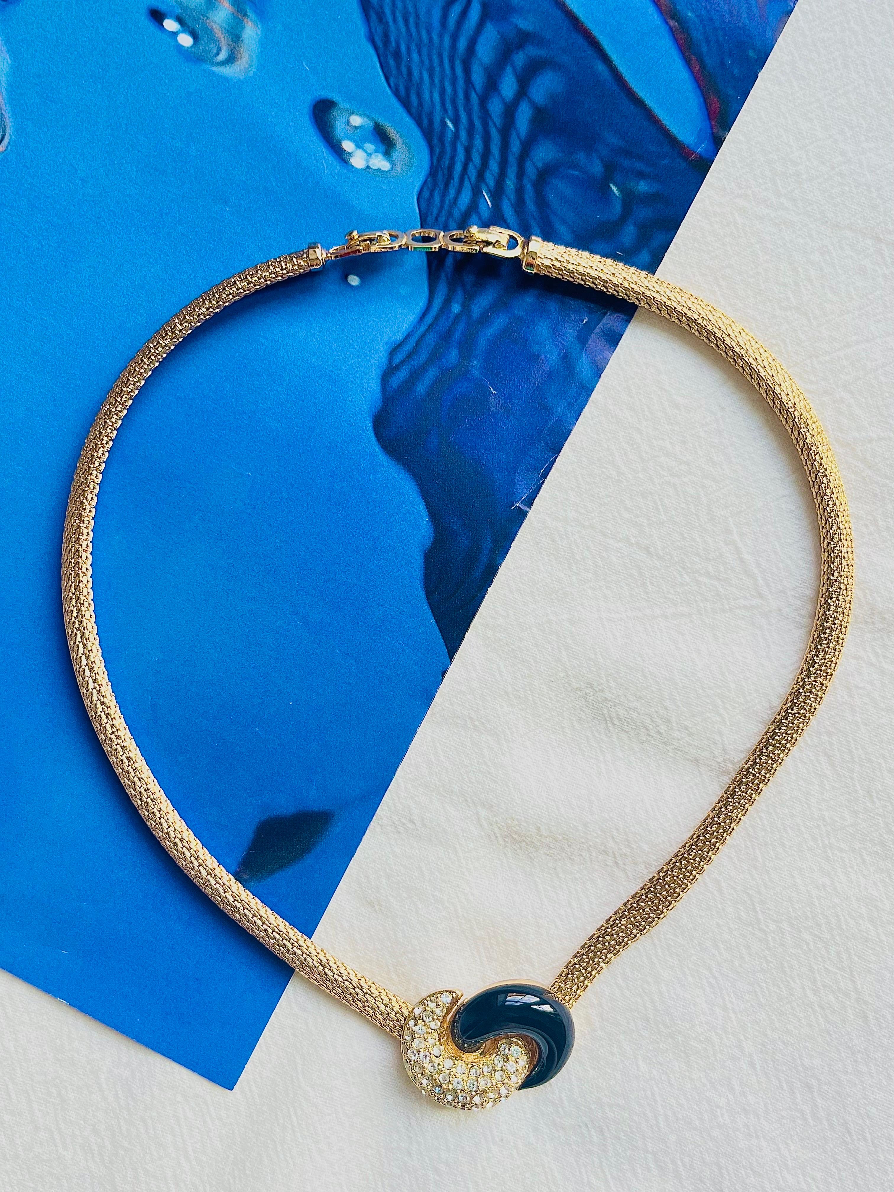 Art Deco Christian Dior Vintage 1980s Black Enamel Crystals Knot Bow Pendant Necklace For Sale