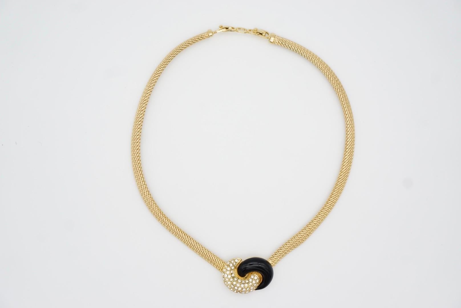 Christian Dior Vintage 1980s Black Enamel Crystals Knot Bow Pendant Necklace For Sale 3