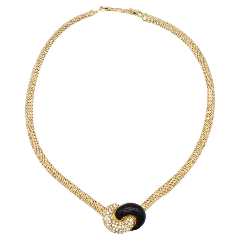 Christian Dior Vintage 1980s Black Enamel Crystals Knot Bow Pendant Necklace For Sale