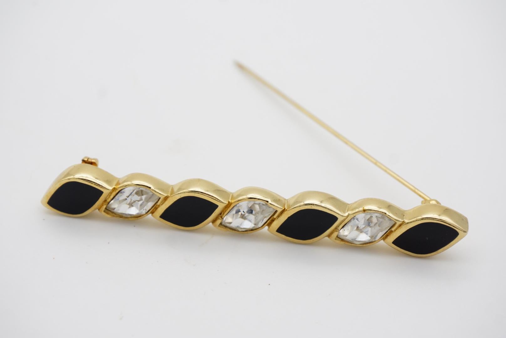 Christian Dior Vintage 1980s Black Enamel Crystals Long Bar Spiral Twist Brooch 6